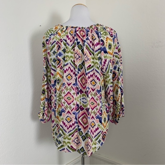 Beach lunch lounge Colorful Ikat Popover V Neck Blouse Size M - Picture 5 of 16